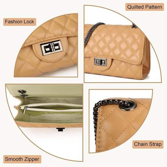 Women Light Khaki Quilted Stylish Crossbody Bag with Chain Strap & Flap Closure - Picture 3 of 6